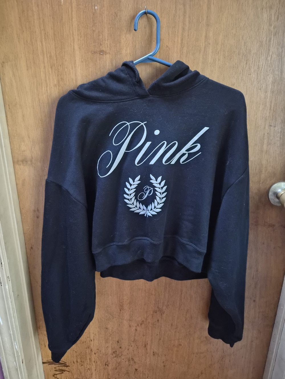 PINK Victoria's Secret Black Cropped Hoodie with White Script Logo